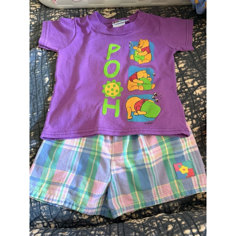 Vintage Disney Store Winnie The Pooh Baby Outfit Shirt Plaid Shorts Purple Sz 2T